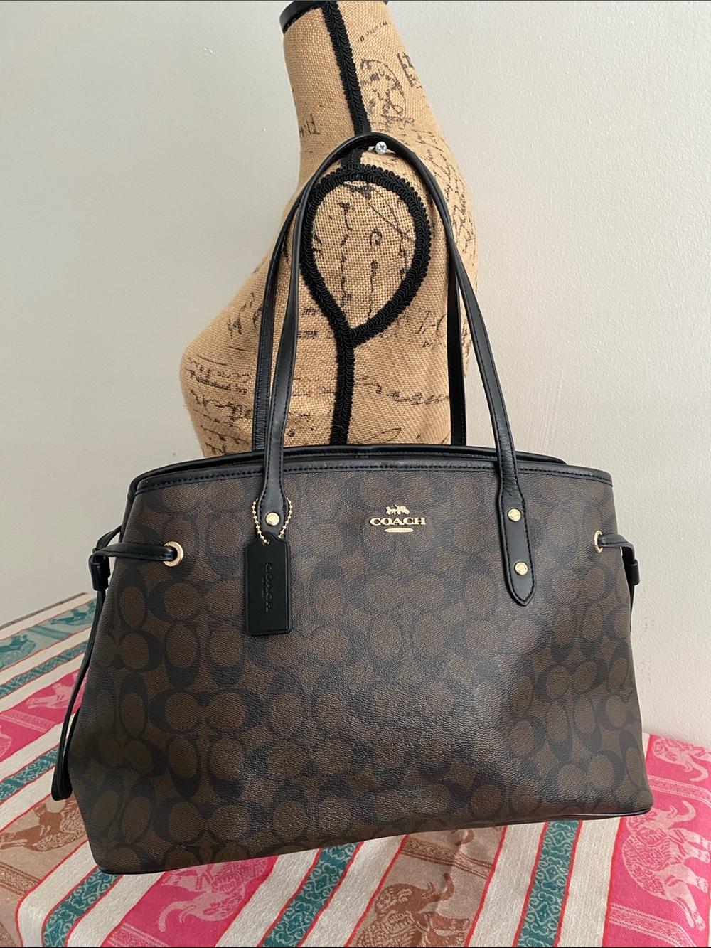 Coach Drawstring Carryall Bag in Brown and Black Signature Canvas